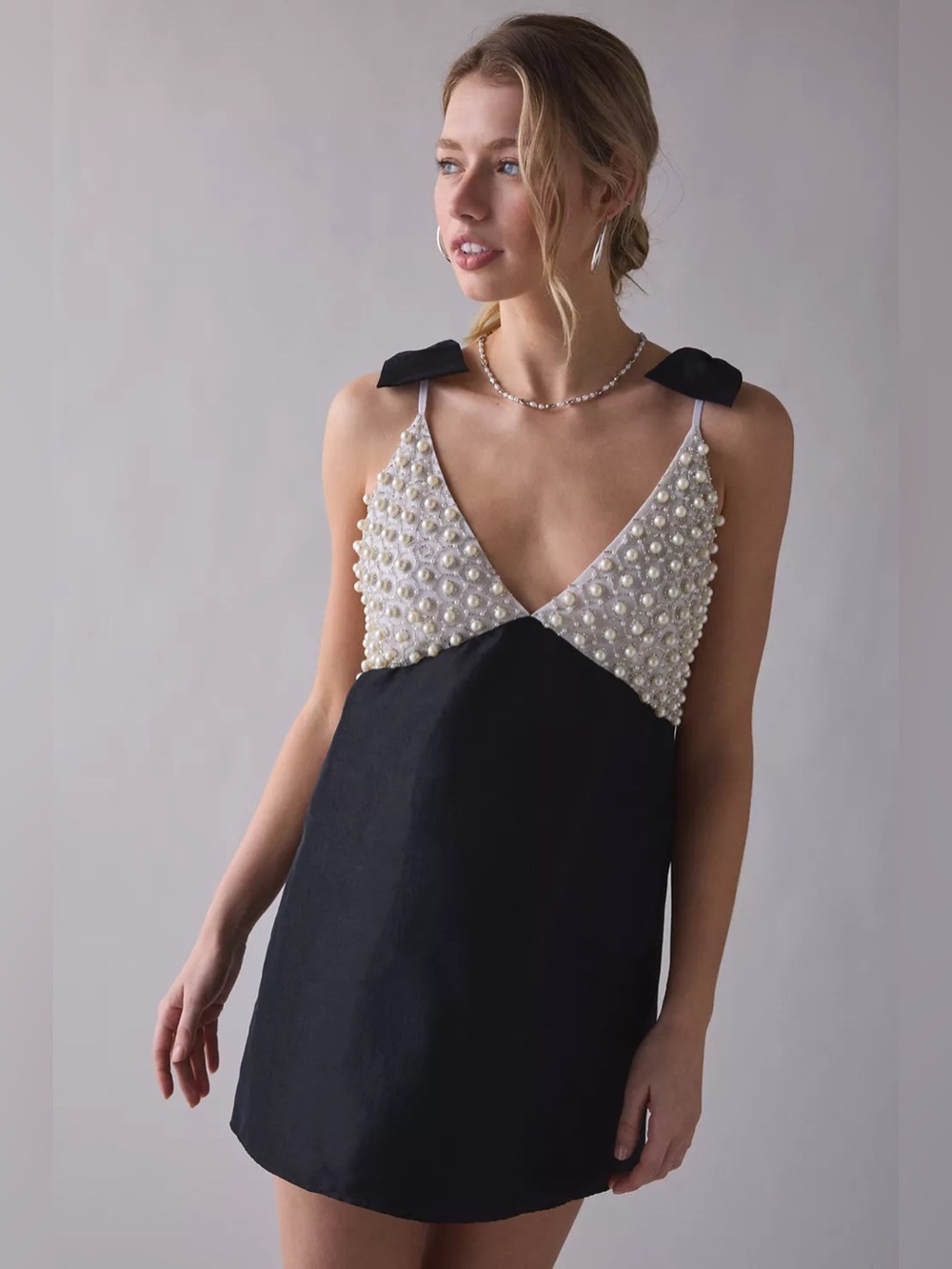 For Love & Lemons Pearly Bow Black Satin Mini Dress Size Small NWT - Picture 6 of 17